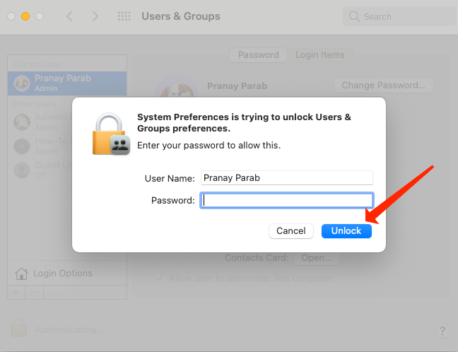 Inserisci la password del tuo account utente su Mac e fai clic su "Sblocca".