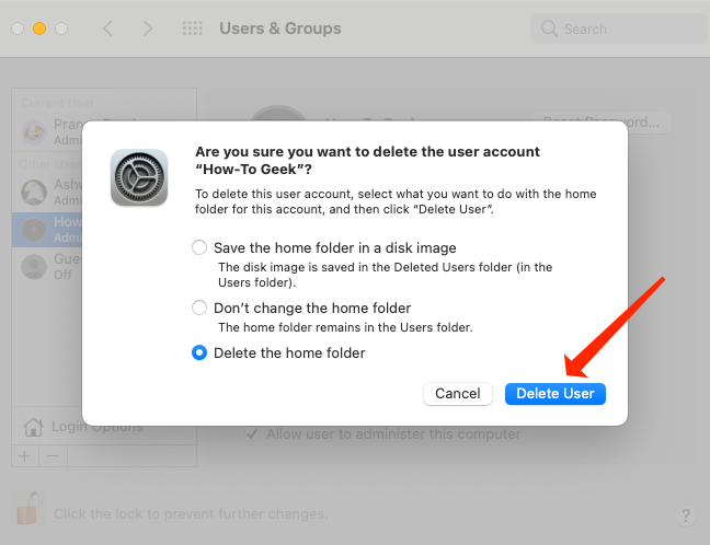 Fai clic su "Elimina utente" per rimuovere un account utente su un Mac.