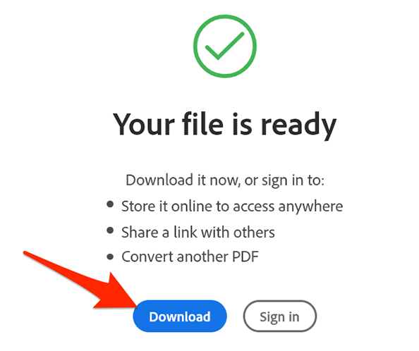 Fai clic su "Download" nella sezione "Il tuo file è pronto" del sito di conversione da PDF a JPG di Adobe.