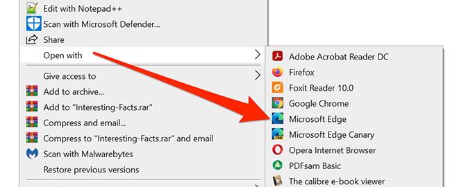 Fare clic con il pulsante destro del mouse sul PDF e selezionare Apri con > Microsoft Edge in Esplora file.