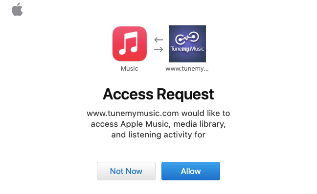 Fai clic su "Consenti" per consentire a Tune My Music di accedere al tuo account Apple Music.