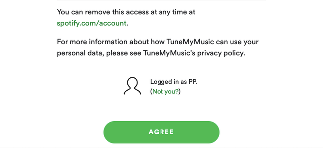 Fai clic su "Accetto" per consentire a Tune My Music di accedere al tuo account Spotify.