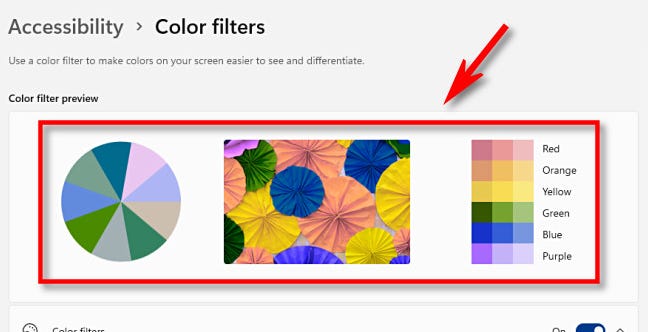 Visualizza l'anteprima dei filtri colore utilizzando l'area di anteprima del filtro colore nella parte superiore della pagina delle impostazioni.