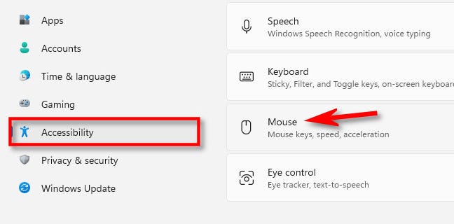 In Impostazioni, fai clic su "Accessibilità", quindi seleziona "Mouse".
