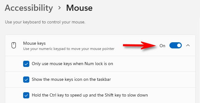 Ruota l'interruttore accanto a "Tasti mouse" su "On".