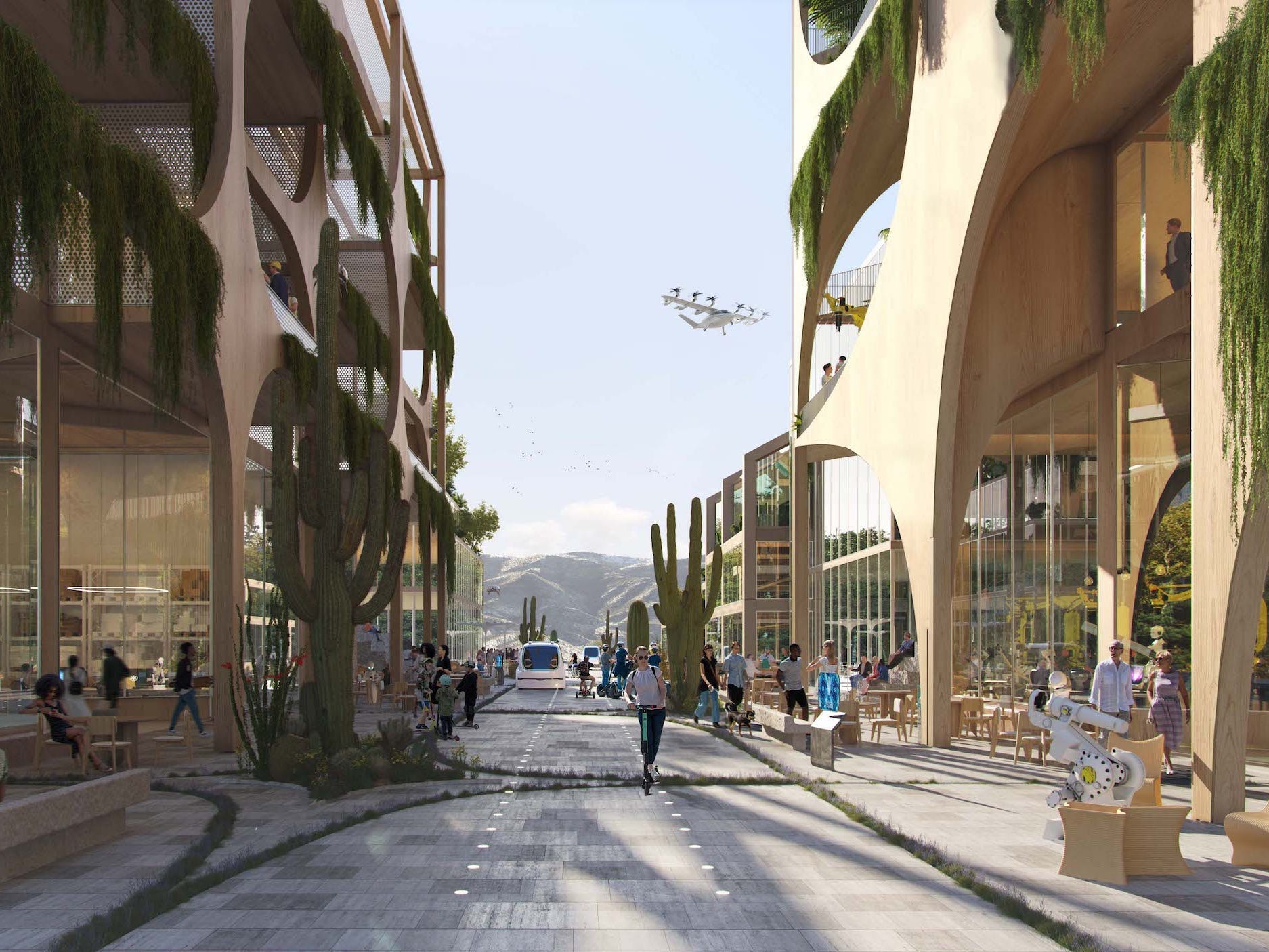 Rendering di una strada futuristica a Telosa, città creata da Marc Lore