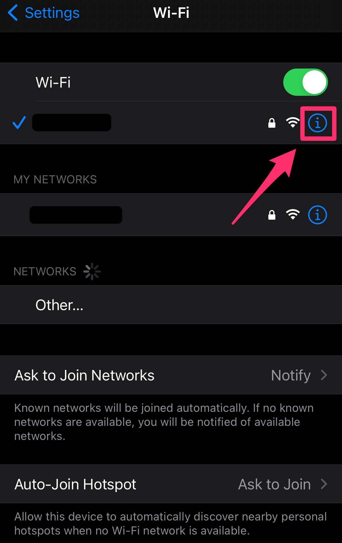 Screenshot della schermata Wi-Fi con l'icona delle informazioni evidenziata