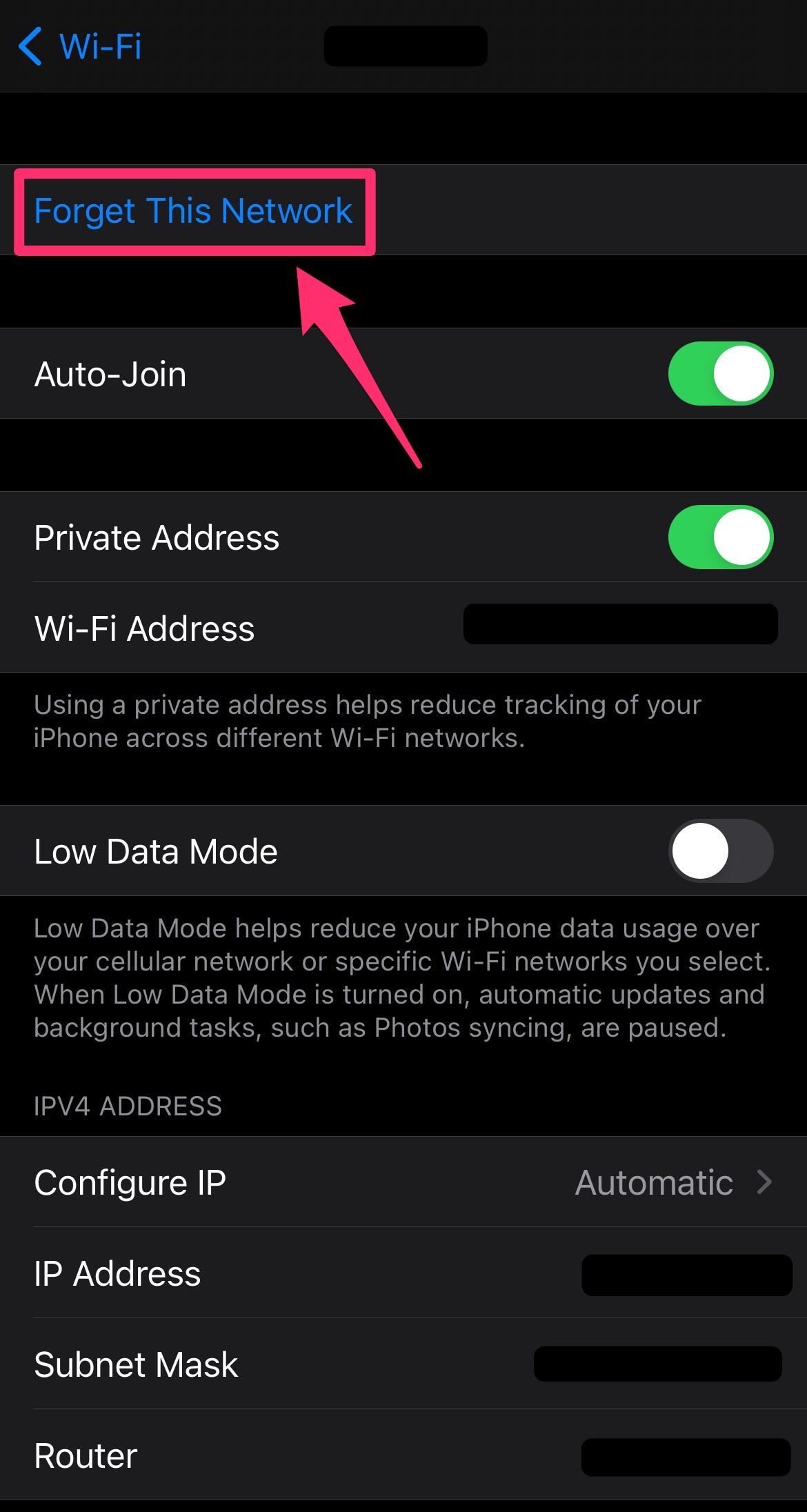 Screenshot delle informazioni per una rete Wi-Fi specifica