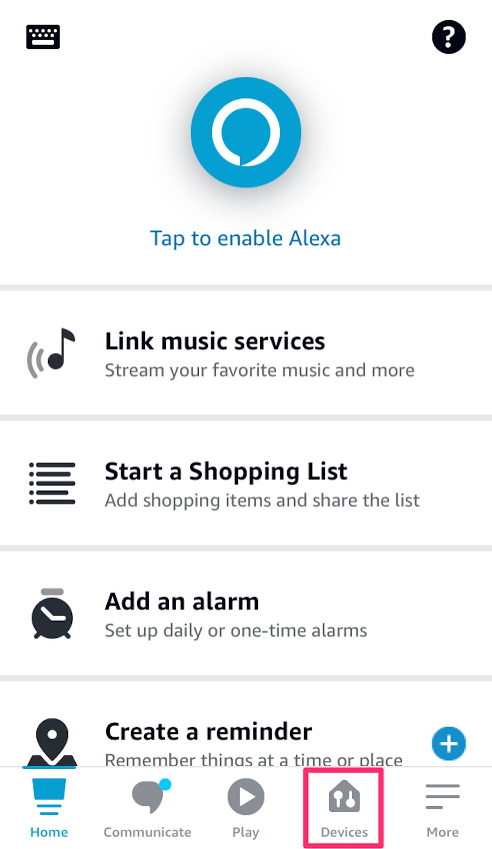 Schermata della home page dell'app Alexa
