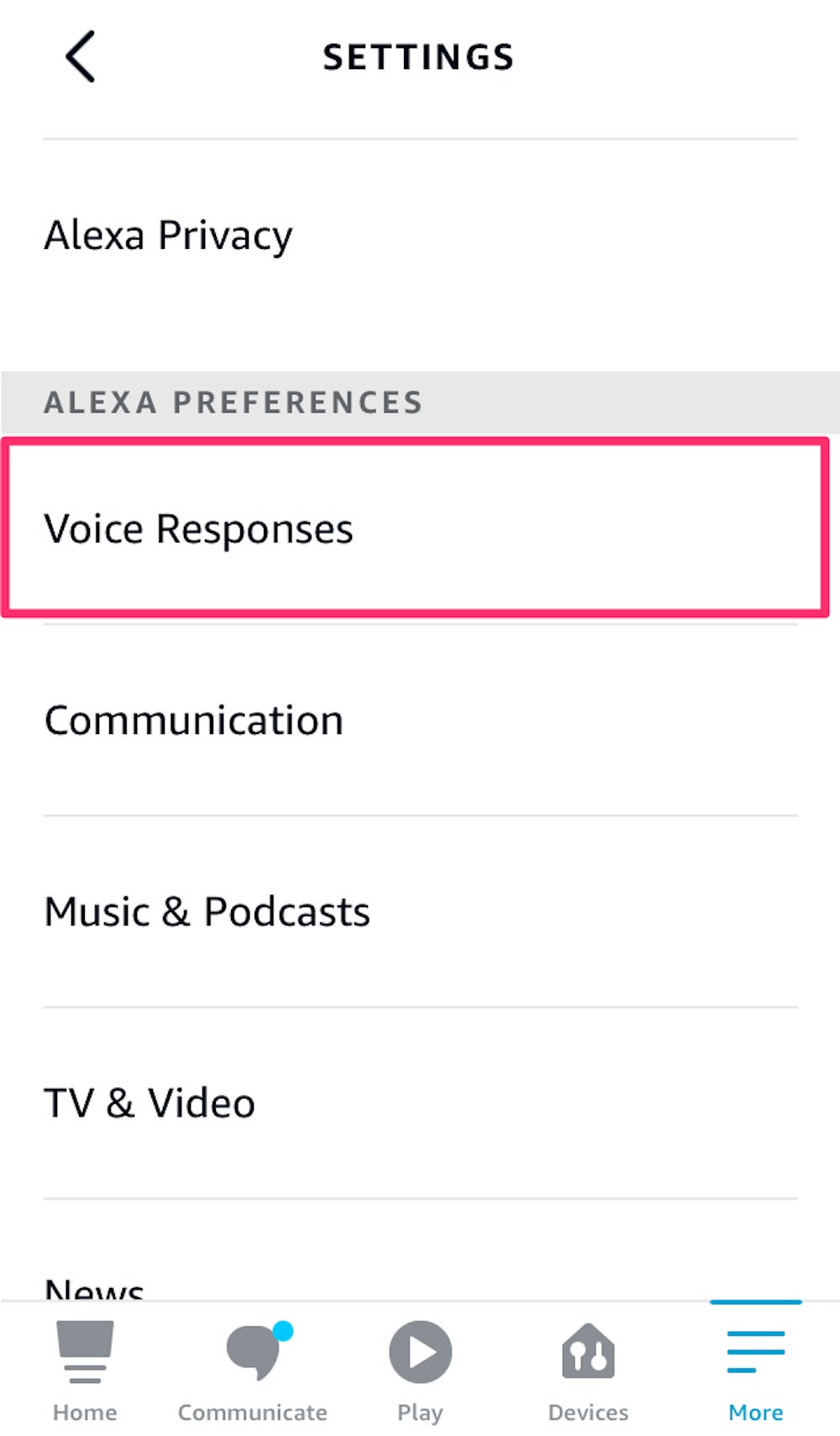 Screenshot della sezione Impostazioni dell'App Alexa