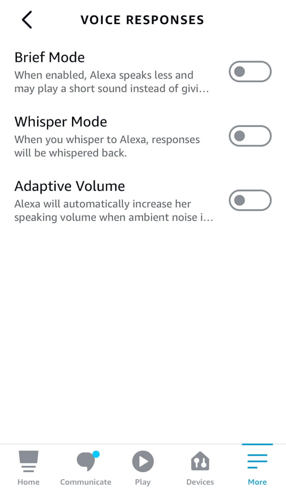 Screenshot della sezione Risposte vocali dell'App Alexa