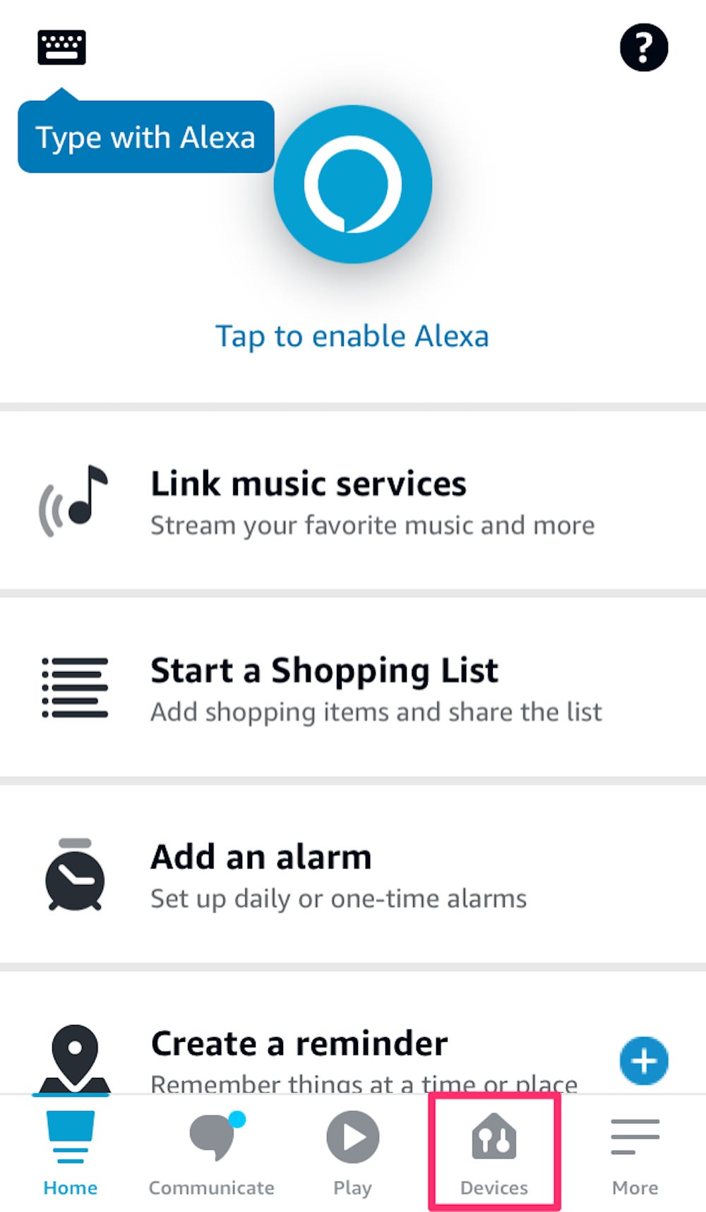 Screenshot della pagina principale dell'app Alexa