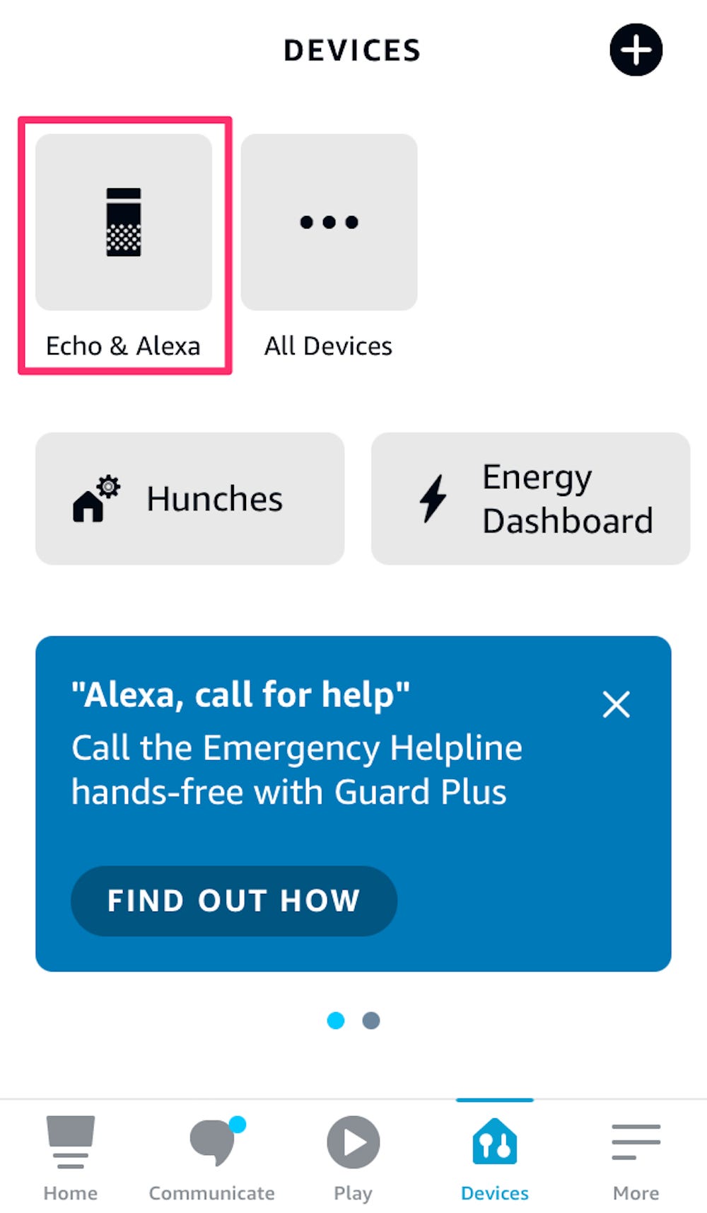 Screenshot della scheda Dispositivi nell'App Alexa