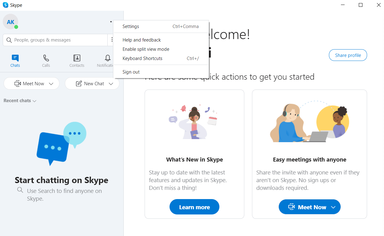 Seleziona Impostazioni - Cambia sfondo Skype
