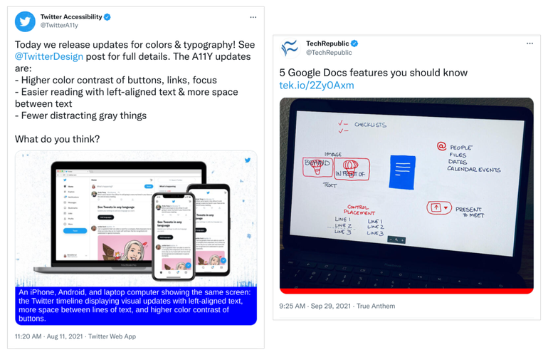 Due schermate: (a sinistra) tweet di @TwitterA11y con un'immagine con testo ALT visualizzato in testo bianco su sfondo blu nella parte inferiore dell'immagine, (a destra) tweet di @TechRepublic con un'immagine senza testo ALT, con una barra rettangolare rossa in inferiore dell'immagine.