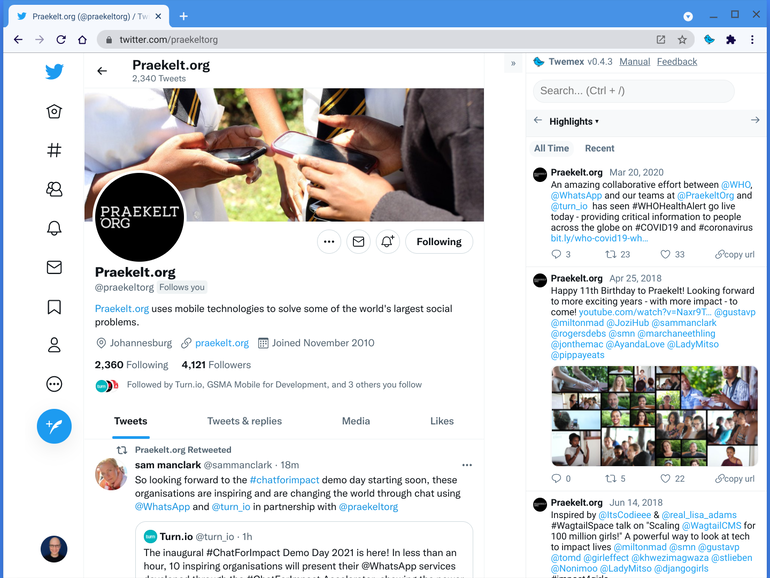 Screenshot di Twitter.com al profilo @preakeltorg, con la barra laterale Twemex a destra, con una casella di ricerca in alto e due Tweet in evidenza in basso (con 33 e 22 Mi piace, rispettivamente, dal 20 marzo 2020 e dal 25 aprile 2018 ).