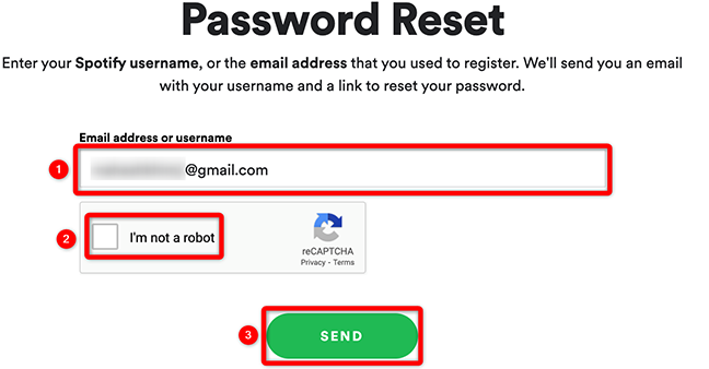 Digita il tuo nome utente o e-mail, conferma il captcha e fai clic su "Invia" nella pagina "Reimposta password" di Spotify.