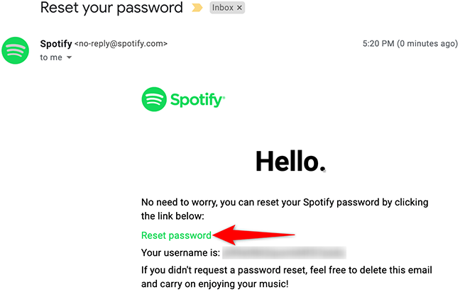 Fai clic su "Reimposta password" nell'e-mail di Spotify.