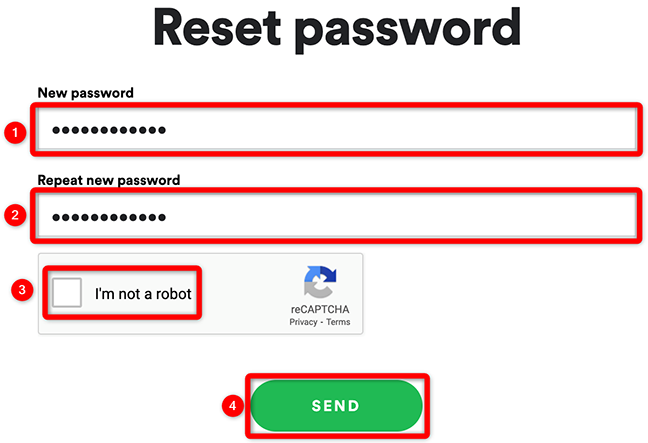 Digita una nuova password e fai clic su "Invia" nella pagina "Reimposta password" di Spotify.