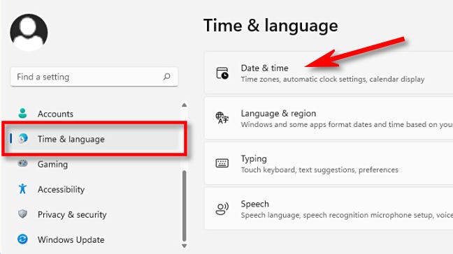 In Impostazioni di Windows 11, seleziona "Ora e lingua", quindi fai clic su "Data e ora".