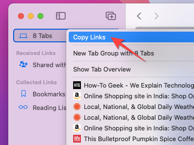 Seleziona "Copia collegamenti" dal menu di scelta rapida in Safari su Mac.