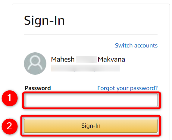 Fai clic sul campo "Password", digita la password corrente e fai clic su "Accedi" nella pagina "Accedi" del sito Amazon.