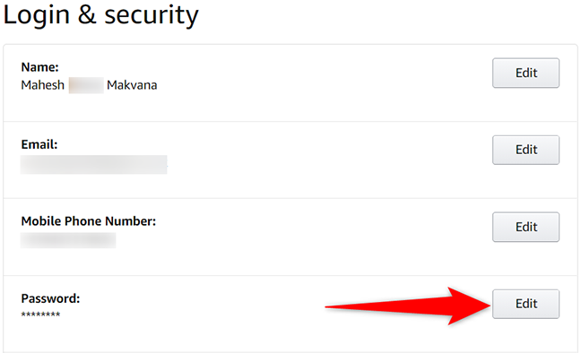 Fai clic su "Modifica" accanto a "Password" nella pagina "Accesso e sicurezza" del sito Amazon.
