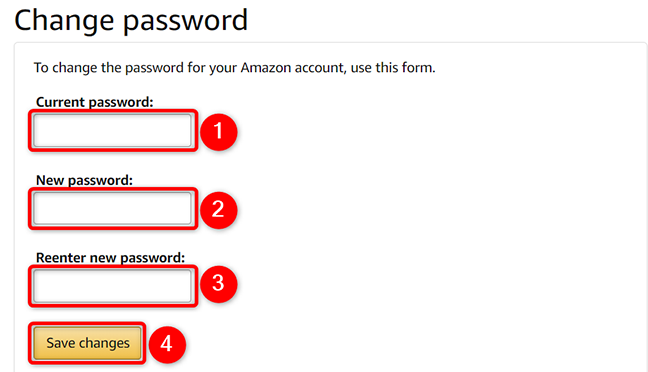 Modifica la password dell'account nella pagina "Cambia password" del sito Amazon.