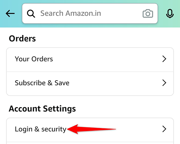Seleziona "Accesso e sicurezza" dalla sezione "Impostazioni account" nella pagina "Il tuo account" nell'app Amazon.