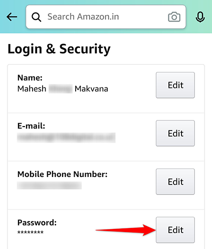 Tocca "Modifica" accanto a "Password" nella pagina "Accesso e sicurezza" nell'app Amazon.