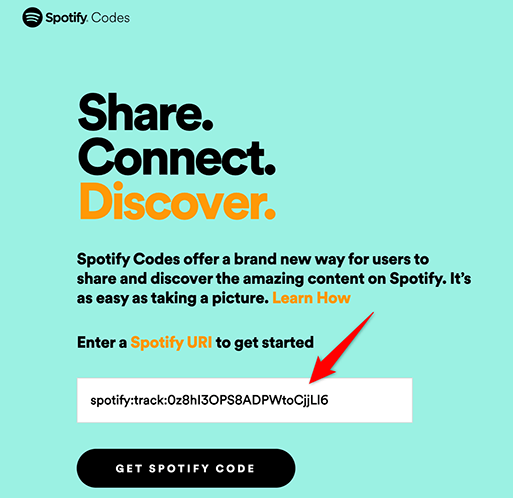 Incolla l'URI dell'elemento e fai clic su "Ottieni codice Spotify" sul sito Spotify Codes.