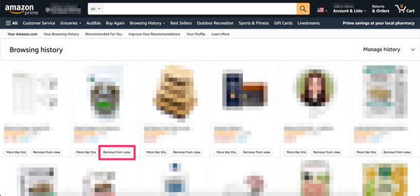 Screenshot della pagina della cronologia di navigazione su Amazon