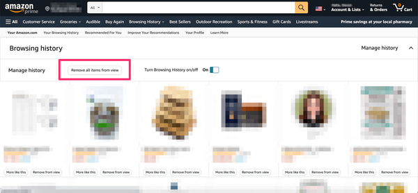 Screenshot della sezione espansa Gestisci cronologia nella cronologia di navigazione su Amazon