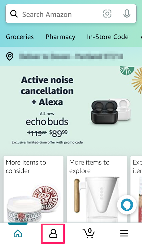 Screenshot della schermata principale dell'app Amazon Shopping
