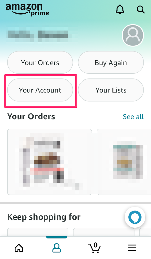 Screenshot che evidenzia l'opzione Il tuo account su un profilo Amazon nell'app