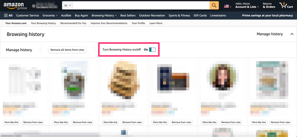 Screenshot che mostra il menu Gestisci espanso per la pagina della cronologia di navigazione su Amazon