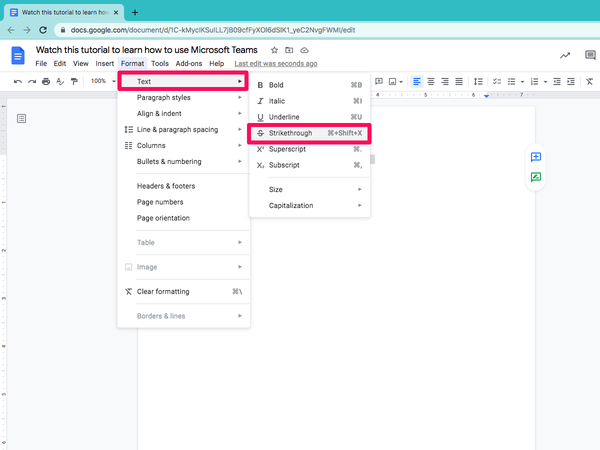 funzione barrata di google docs nel menu