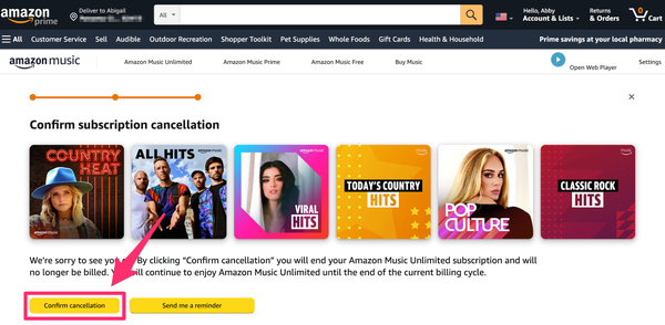 Screenshot di Amazon che evidenzia la pagina Conferma cancellazione abbonamento