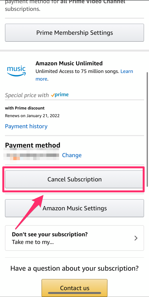 Screenshot di Amazon che evidenzia l'opzione Annulla abbonamento in Amazon Music