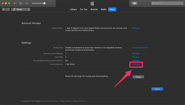 Screenshot di iTunes che evidenzia l'opzione Gestisci accanto a Abbonamenti
