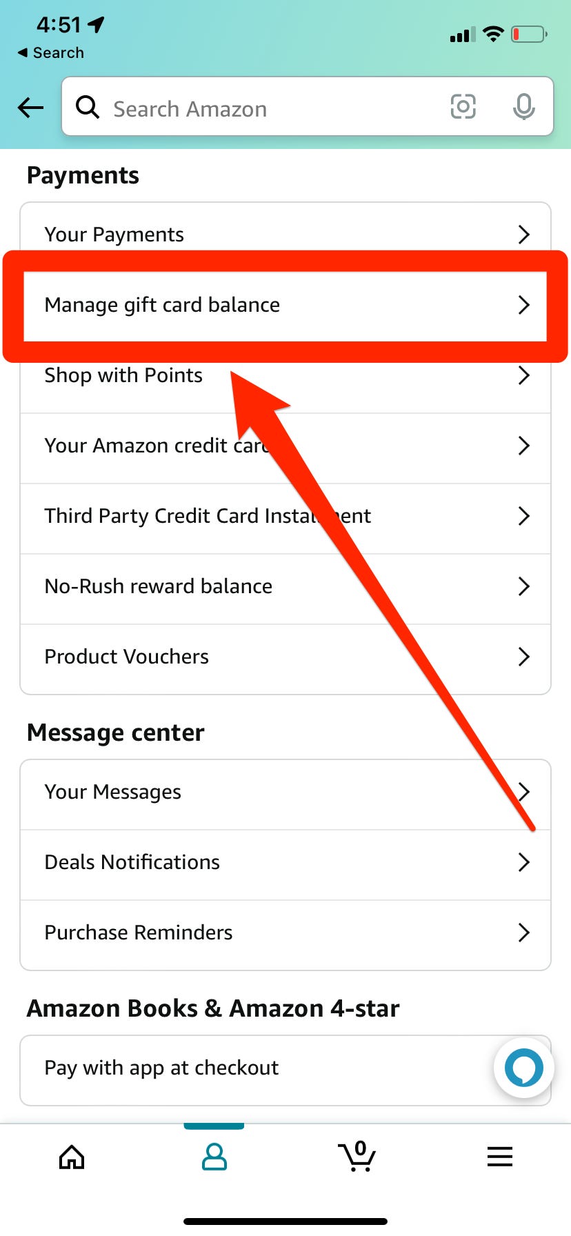 Un menu nell'app Amazon che ti consente di visualizzare le preferenze e le opzioni del tuo account. "Gestisci saldo buono regalo" è evidenziato.
