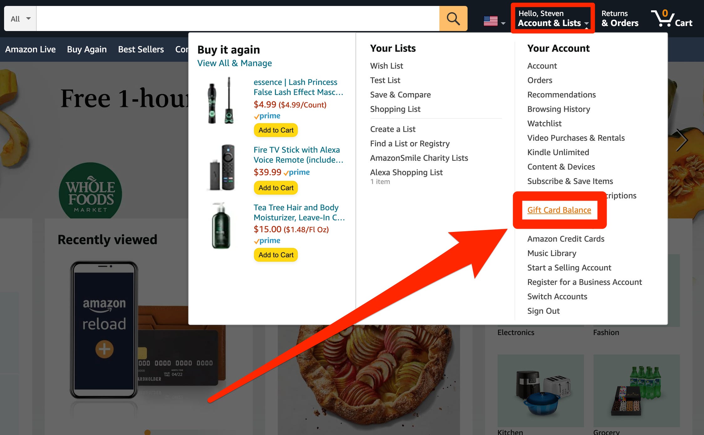 Il menu Account e liste sul sito Web di Amazon, con l'opzione "Saldo carta regalo" evidenziata.