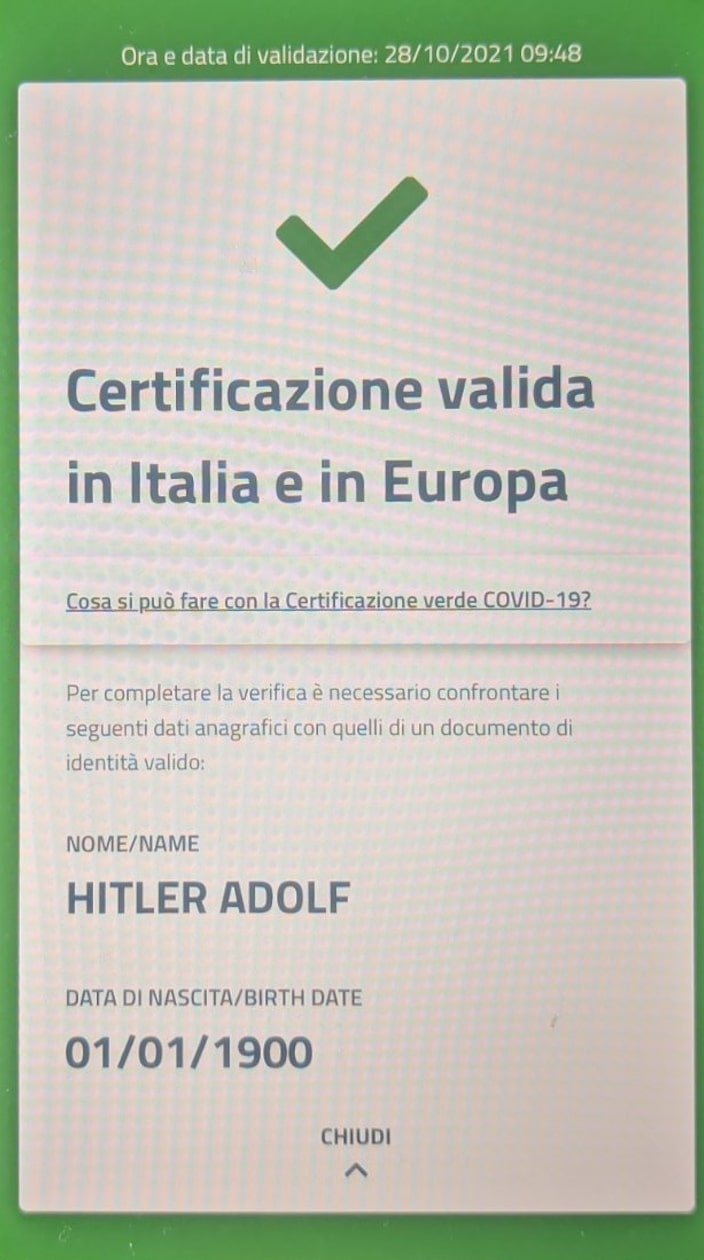 Certificato EU Digital Covid per Adolf Hitler riconosciuto come valido