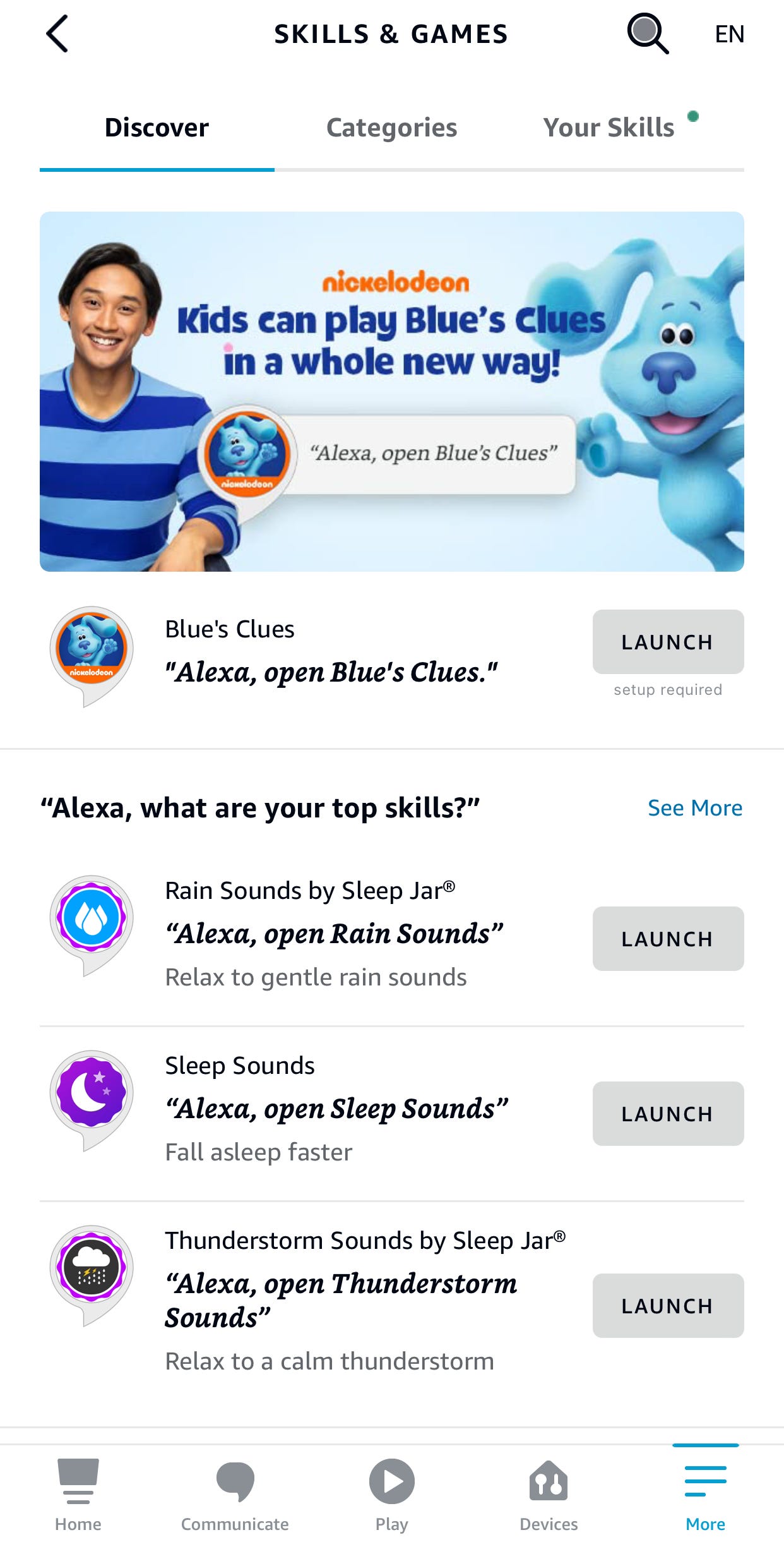 Screenshot della pagina delle competenze di Alexa sull'app Alexa