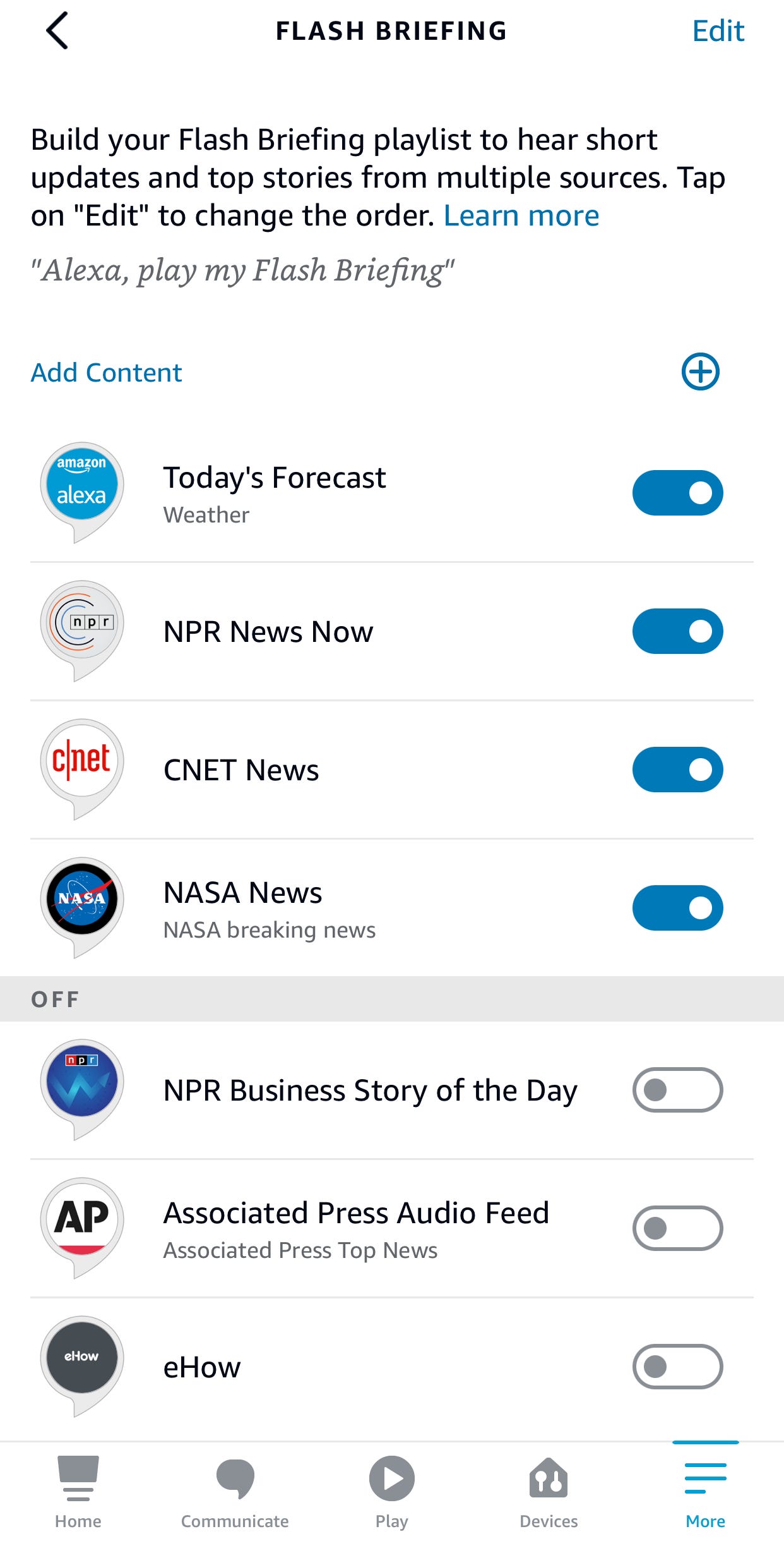 Schermata della pagina delle notizie di Flash Briefing sull'app Alexa