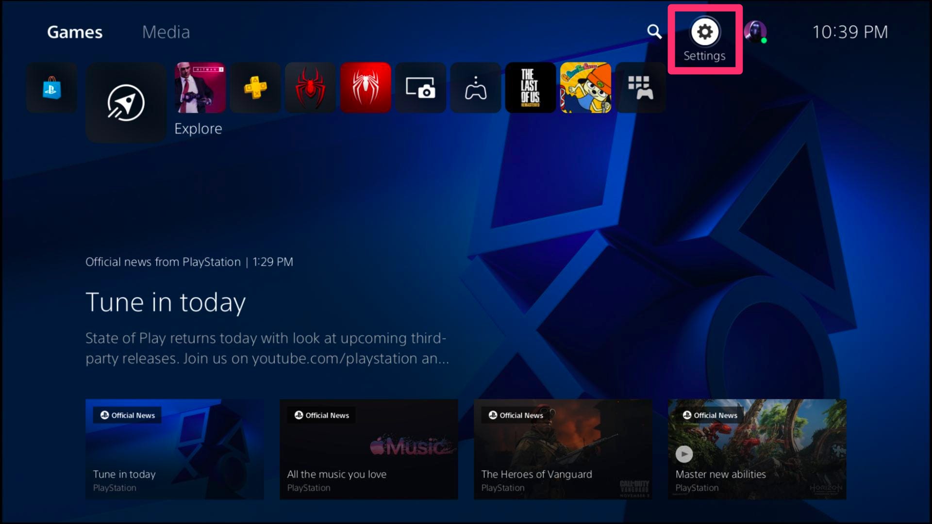 Screenshot della home page della schermata di PS5