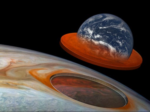 illustrazione della grande macchia rossa di Giove ritagliata da Giove che inghiotte la terra