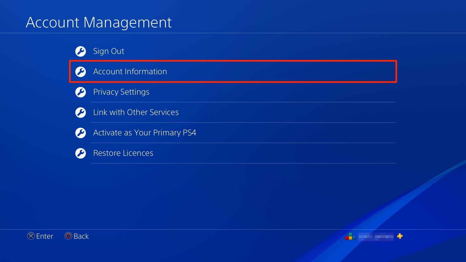 Screenshot dell'opzione Informazioni sull'account nelle impostazioni di PS4