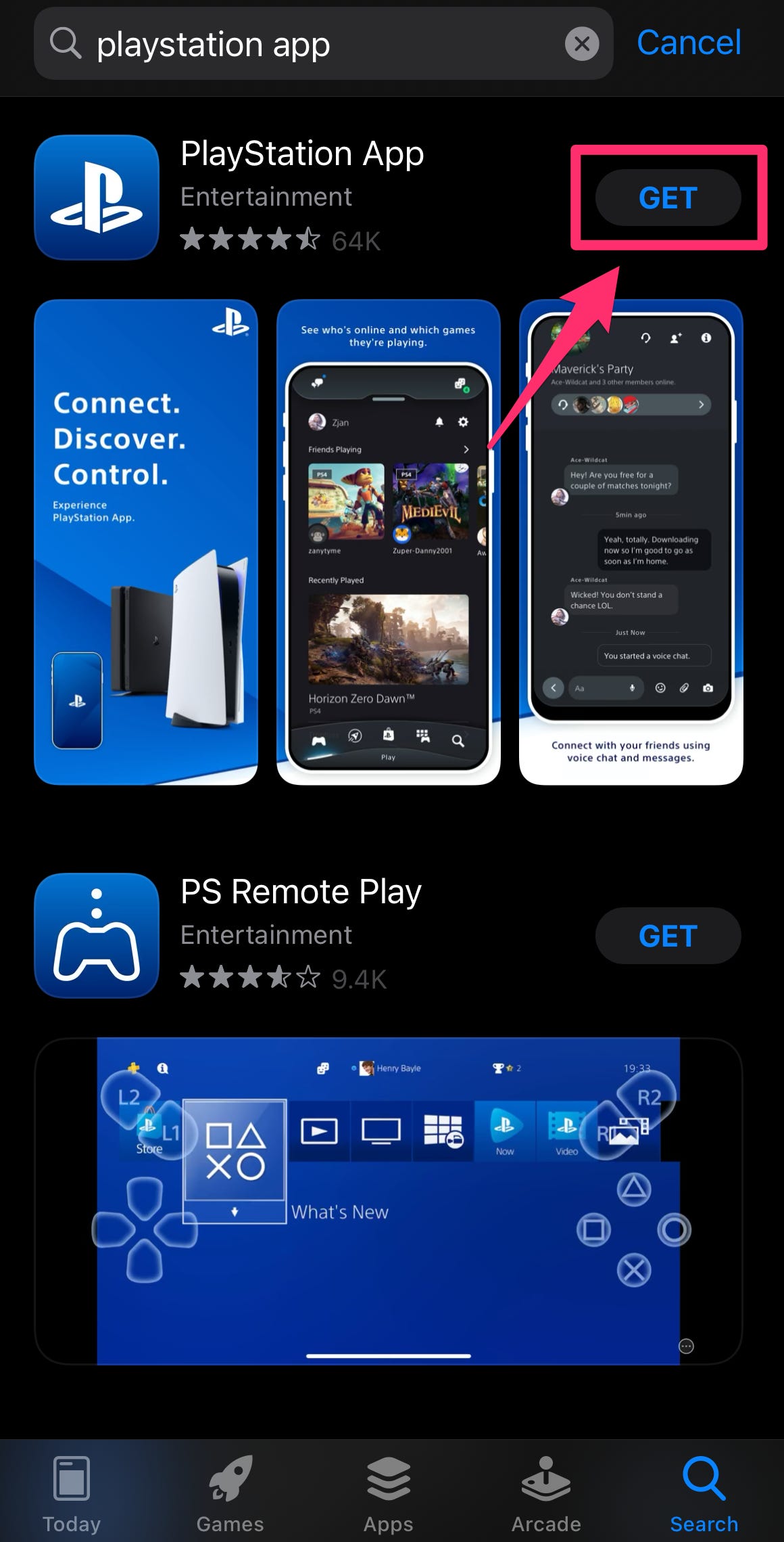 Screenshot dell'App Store che evidenzia l'app PlayStation