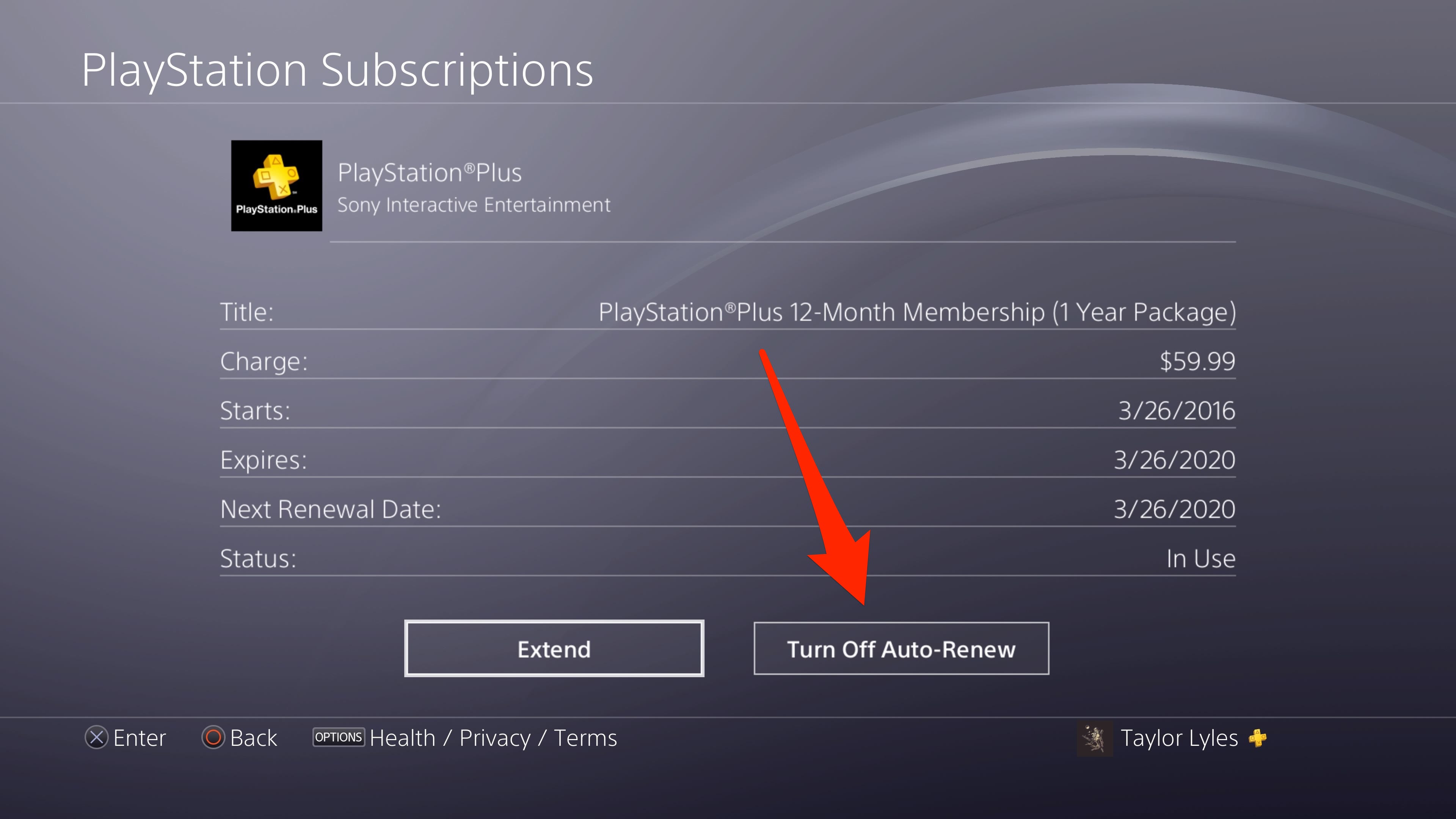 Screenshot dell'opzione Disattiva rinnovo automatico su PS4